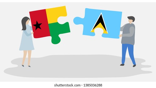 Couple holding two puzzles pieces with Bissau-Guinean and Saint Lucian flags. Guinea-Bissau and Saint Lucia national symbols together.