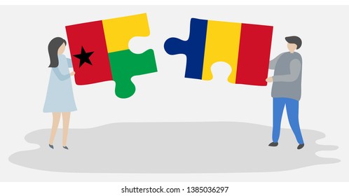 Couple holding two puzzles pieces with Bissau-Guinean and Romanian flags. Guinea-Bissau and Romania national symbols together.