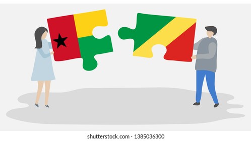 Couple holding two puzzles pieces with Bissau-Guinean and Congolese flags. Guinea-Bissau and Republic of the Congo national symbols together.