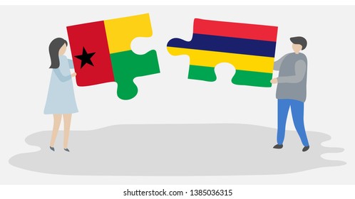 Couple holding two puzzles pieces with Bissau-Guinean and Mauritian flags. Guinea-Bissau and Mauritius national symbols together.