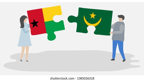 Couple holding two puzzles pieces with Bissau-Guinean and Mauritanian flags. Guinea-Bissau and Mauritania national symbols together.