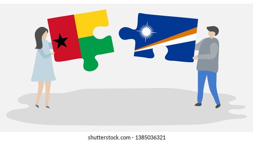 Couple holding two puzzles pieces with Bissau-Guinean and Marshallese flags. Guinea-Bissau and Marshall Islands national symbols together.
