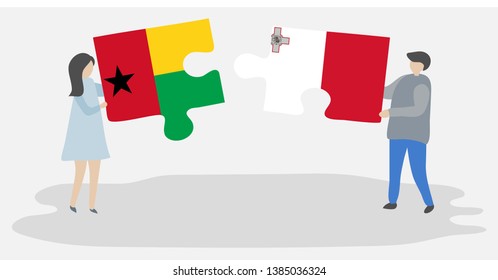 Couple holding two puzzles pieces with Bissau-Guinean and Maltese flags. Guinea-Bissau and Malta national symbols together.