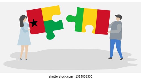 Couple holding two puzzles pieces with Bissau-Guinean and Malian flags. Guinea-Bissau and Mali national symbols together.