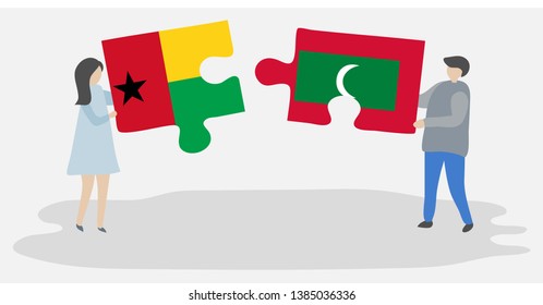 Couple holding two puzzles pieces with Bissau-Guinean and Maldivian flags. Guinea-Bissau and Maldives national symbols together.