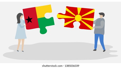 Couple holding two puzzles pieces with Bissau-Guinean and Macedonian flags. Guinea-Bissau and Macedonia national symbols together.