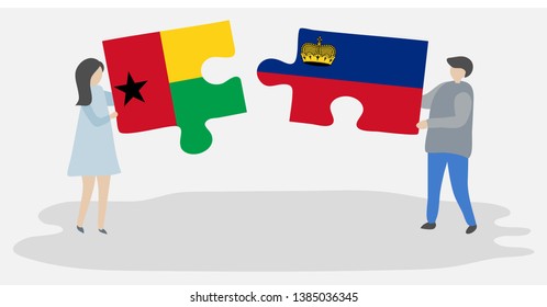 Couple holding two puzzles pieces with Bissau-Guinean and Liechtenstein flags. Guinea-Bissau and Liechtenstein national symbols together.