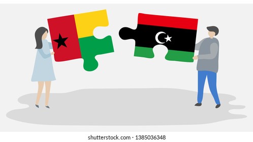Couple holding two puzzles pieces with Bissau-Guinean and Libyan flags. Guinea-Bissau and Libya national symbols together.
