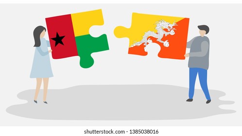 Couple holding two puzzles pieces with Bissau-Guinean and Bhutanese flags. Guinea-Bissau and Bhutan national symbols together.
