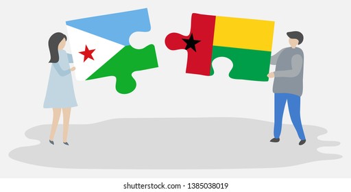 Couple holding two puzzles pieces with Djiboutian and Bissau-Guinean flags. Djibouti and Guinea-Bissau national symbols together.