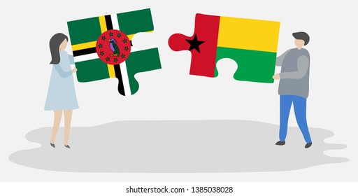 Couple holding two puzzles pieces with Dominican and Bissau-Guinean flags. Dominica and Guinea-Bissau national symbols together.