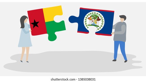 Couple holding two puzzles pieces with Bissau-Guinean and Belizean flags. Guinea-Bissau and Belize national symbols together.