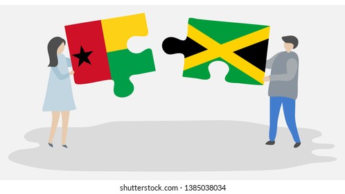 Couple holding two puzzles pieces with Bissau-Guinean and Jamaican flags. Guinea-Bissau and Jamaica national symbols together.