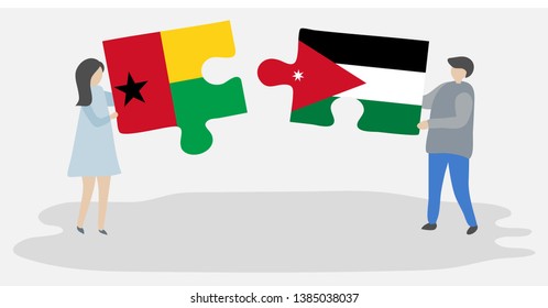 Couple holding two puzzles pieces with Bissau-Guinean and Jordanian flags. Guinea-Bissau and Jordan national symbols together.