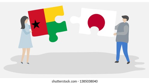 Couple holding two puzzles pieces with Bissau-Guinean and Japanese flags. Guinea-Bissau and Japan national symbols together.