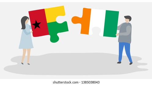 Couple holding two puzzles pieces with Bissau-Guinean and Ivorian flags. Guinea-Bissau and Ivory Coast national symbols together.