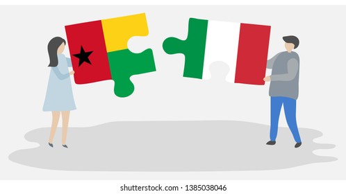 Couple holding two puzzles pieces with Bissau-Guinean and Italian flags. Guinea-Bissau and Italy national symbols together.