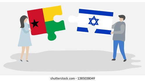 Couple holding two puzzles pieces with Bissau-Guinean and Israeli flags. Guinea-Bissau and Israel national symbols together.