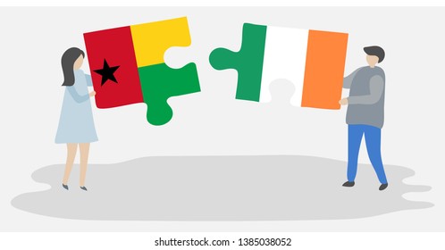 Couple holding two puzzles pieces with Bissau-Guinean and Irish flags. Guinea-Bissau and Ireland national symbols together.