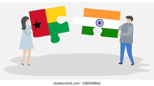 Couple holding two puzzles pieces with Bissau-Guinean and Indian flags. Guinea-Bissau and India national symbols together.