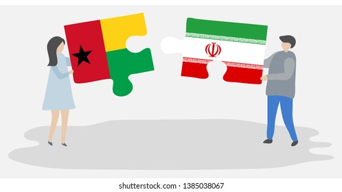 Couple holding two puzzles pieces with Bissau-Guinean and Iranian flags. Guinea-Bissau and Iran national symbols together.