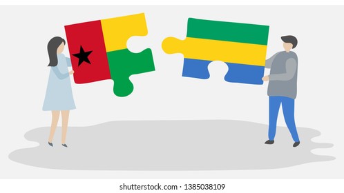 Couple holding two puzzles pieces with Bissau-Guinean and Gabonese flags. Guinea-Bissau and Gabon national symbols together.