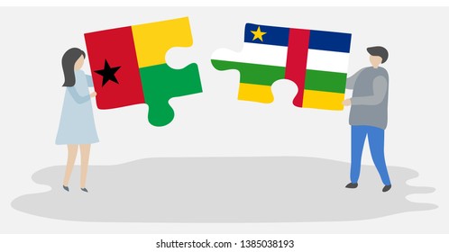 Couple holding two puzzles pieces with Bissau-Guinean and Central African flags. Guinea-Bissau and Central African Republic national symbols together.