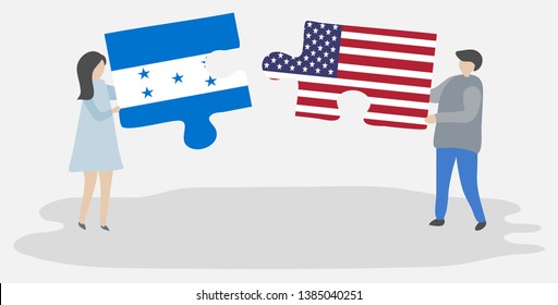 Couple holding two puzzles pieces with Honduran and American flags. Honduras and United States of America national symbols together.