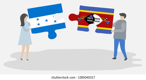 Couple holding two puzzles pieces with Honduran and Swazi flags. Honduras and Swaziland national symbols together.
