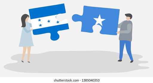 Couple holding two puzzles pieces with Honduran and Somali flags. Honduras and Somalia national symbols together.