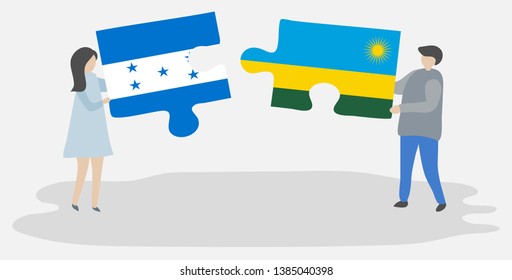 Couple holding two puzzles pieces with Honduran and Rwandan flags. Honduras and Rwanda national symbols together.