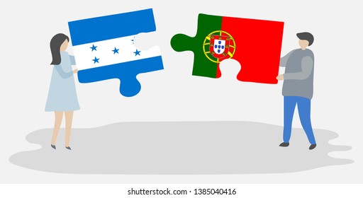 Couple holding two puzzles pieces with Honduran and Portuguese flags. Honduras and Portugal national symbols together.
