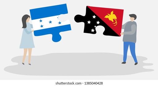 Couple holding two puzzles pieces with Honduran and Papuan flags. Honduras and Papua New Guinea national symbols together.