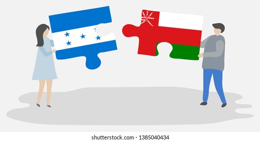 Couple holding two puzzles pieces with Honduran and Omani flags. Honduras and Oman national symbols together.