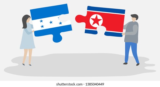 Couple holding two puzzles pieces with Honduran and North Korean flags. Honduras and North Korea national symbols together.