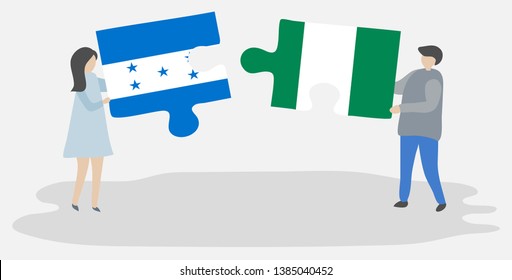Couple holding two puzzles pieces with Honduran and Nigerian flags. Honduras and Nigeria national symbols together.