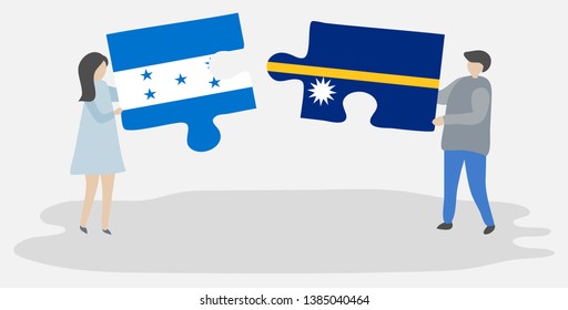 Couple holding two puzzles pieces with Honduran and Nauruan flags. Honduras and Nauru national symbols together.