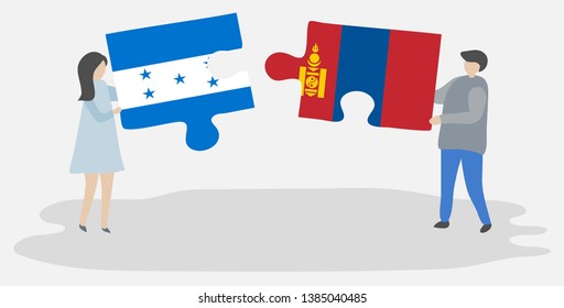 Couple holding two puzzles pieces with Honduran and Mongolian flags. Honduras and Mongolia national symbols together.