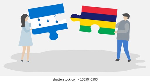 Couple holding two puzzles pieces with Honduran and Mauritian flags. Honduras and Mauritius national symbols together.
