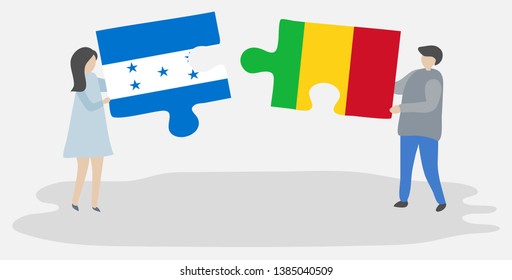 Couple holding two puzzles pieces with Honduran and Malian flags. Honduras and Mali national symbols together.