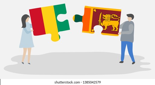 Couple holding two puzzles pieces with Guinean and Sri Lankan flags. Guinea and Sri Lanka national symbols together.