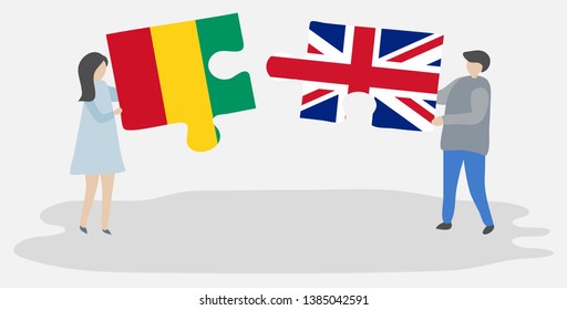Couple holding two puzzles pieces with Guinean and British flags. Guinea and United Kingdom national symbols together.