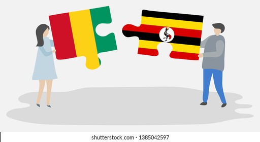Couple holding two puzzles pieces with Guinean and Ugandan flags. Guinea and Uganda national symbols together.