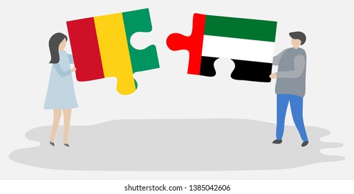 Couple holding two puzzles pieces with Guinean and Emirian flags. Guinea and United Arab Emirates national symbols together.