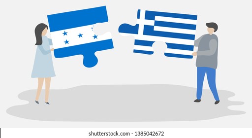 Couple holding two puzzles pieces with Honduran and Greek flags. Honduras and Greece national symbols together.