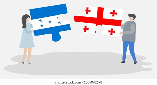 Couple holding two puzzles pieces with Honduran and Georgian flags. Honduras and Georgia national symbols together.