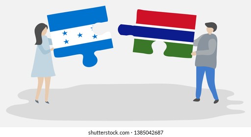 Couple holding two puzzles pieces with Honduran and Gambian flags. Honduras and Gambia national symbols together.