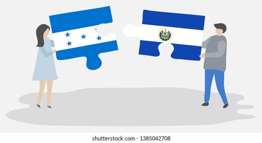 Couple holding two puzzles pieces with Honduran and Salvadoran flags. Honduras and El Salvador national symbols together.