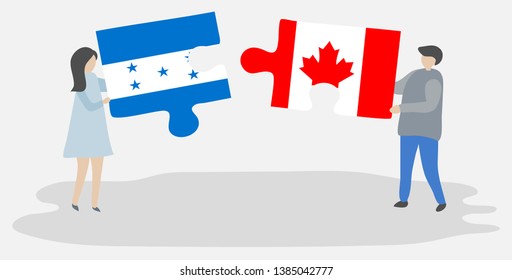 Couple holding two puzzles pieces with Honduran and Canadian flags. Honduras and Canada national symbols together.