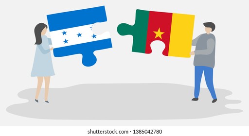 Couple holding two puzzles pieces with Honduran and Cameroonian flags. Honduras and Cameroon national symbols together.